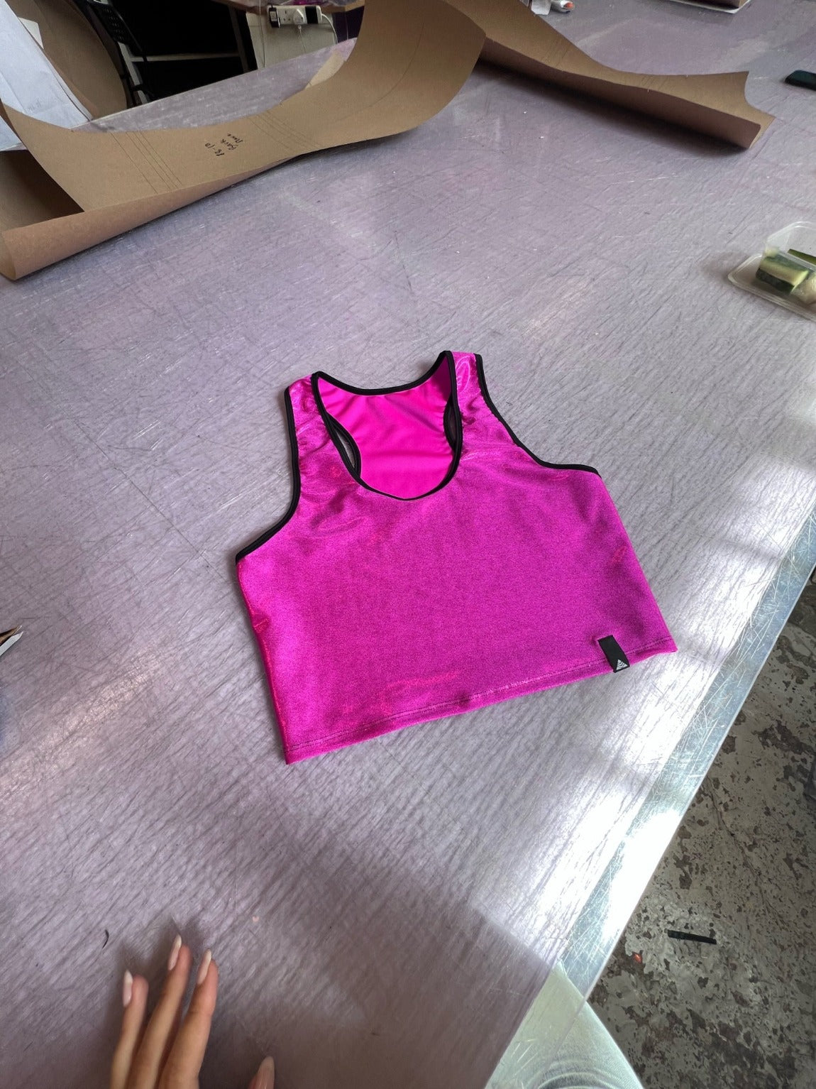 pink metallic lycra racer back crop top