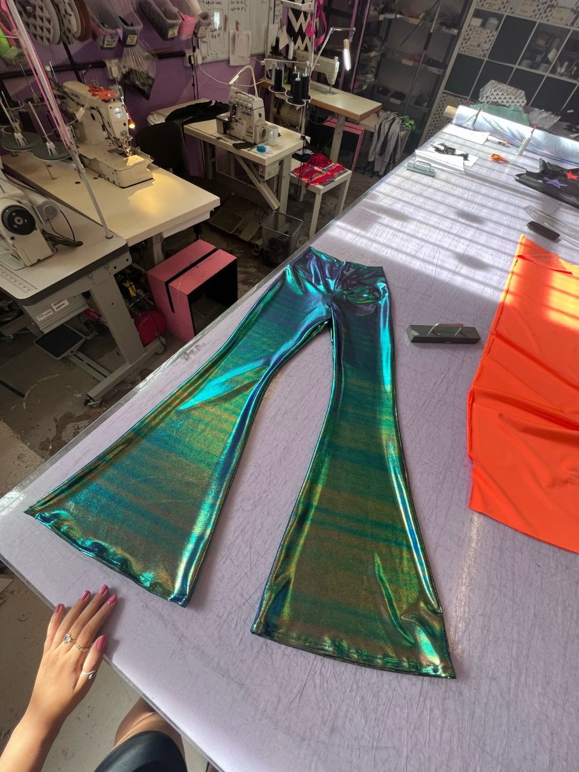 green metallic lycra flares