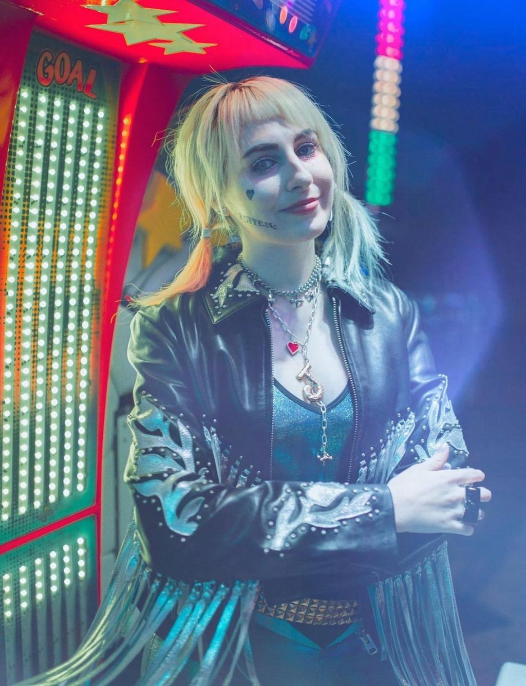 Astrid De Ville in  burnt soul catsuit worn by Harley Quinn in the birds of Prey movie with Margot Robbie