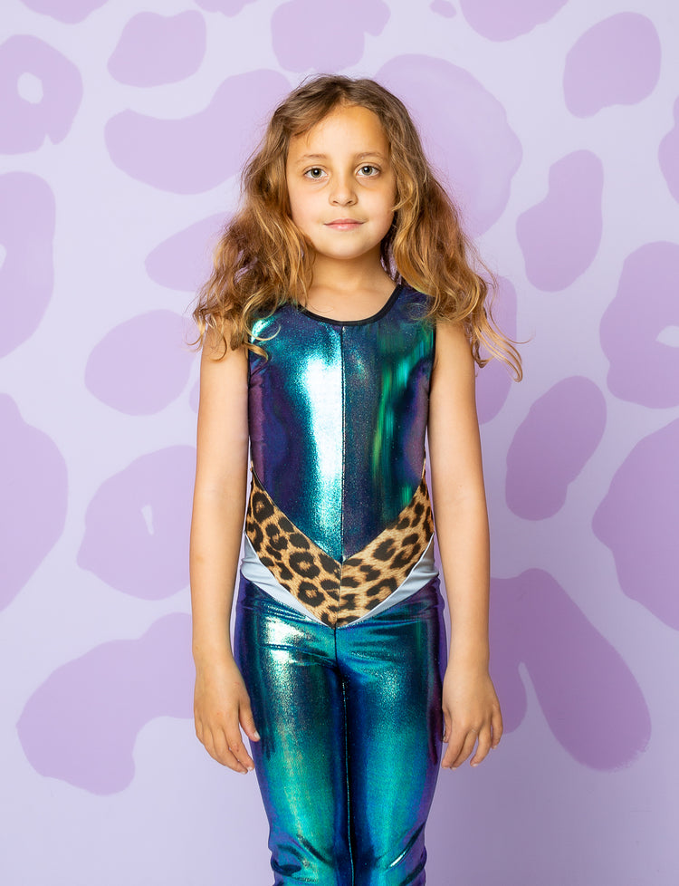 girl wearing catsuit made from shiny green fabric with leopard band on waist