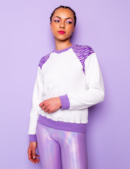 Plain White & Purple Zebra Print Sweatshirt