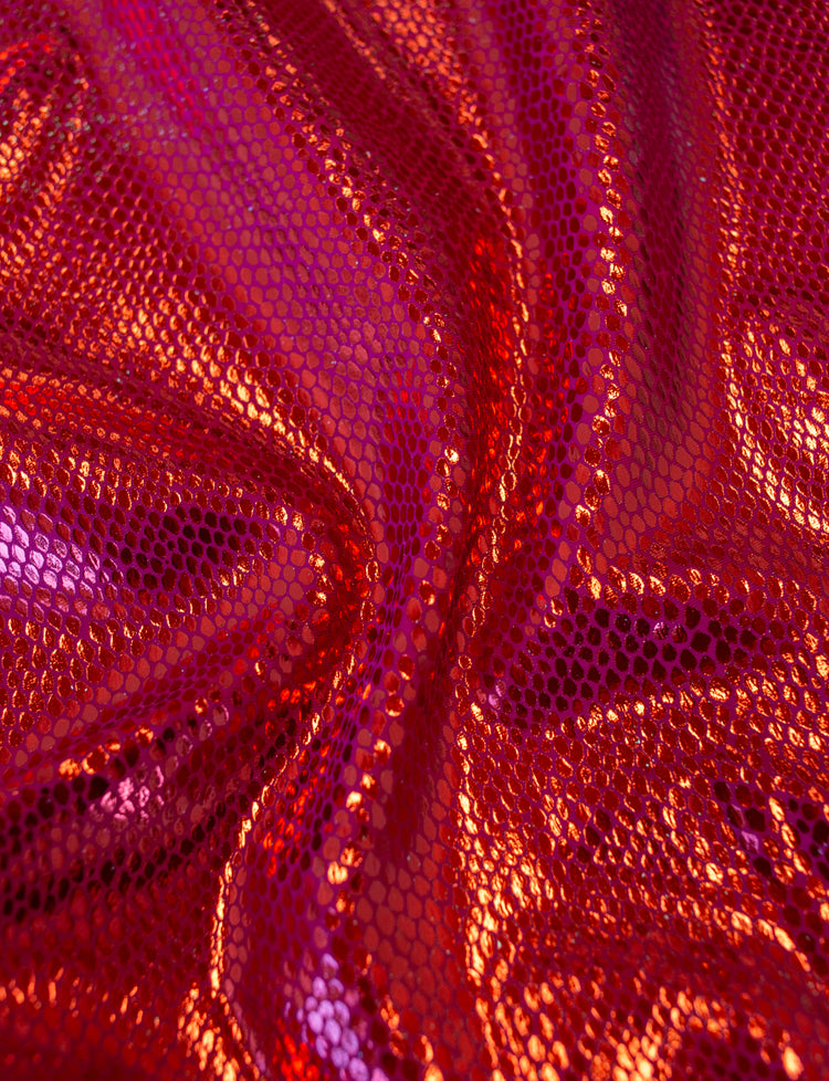 Red lizard foil on red 4 way stretch spandex