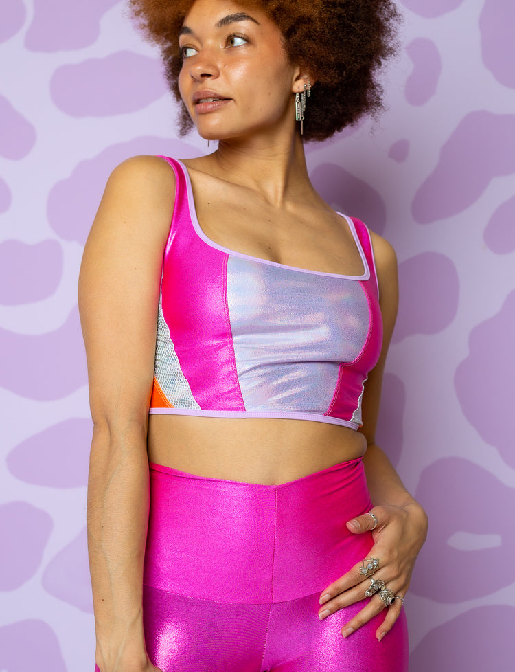 woman wearing bodice with square neckline in pink, lilac and orange