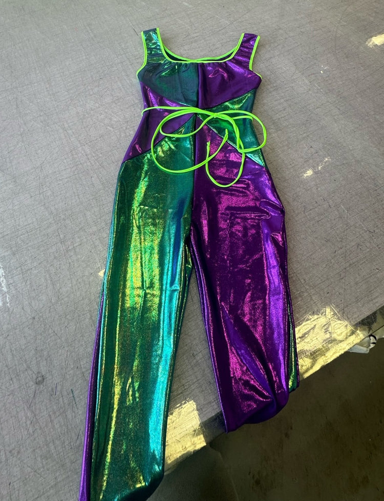 metallic lycra catsuit in purple and green