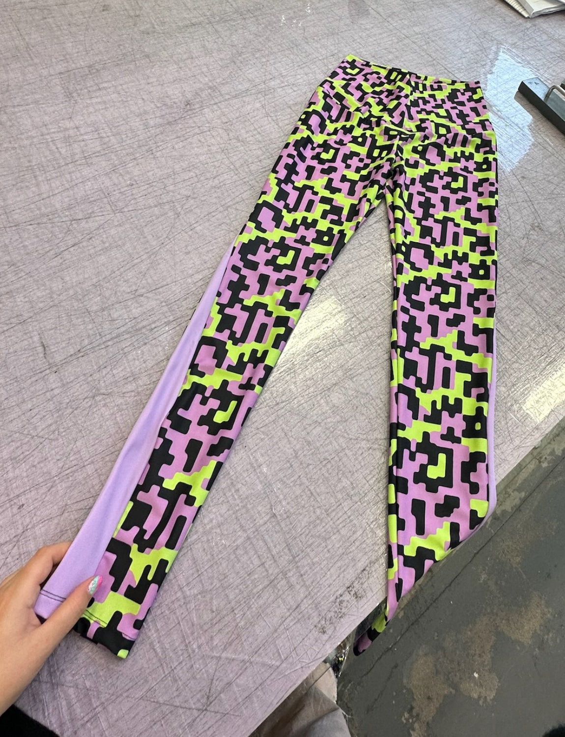 lime and lilac patterned lycra leggings