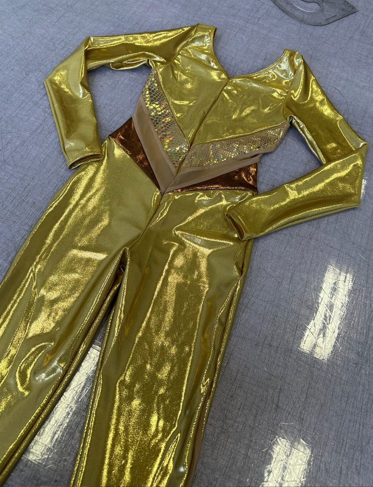 gold lycra catsuit with sleeves
