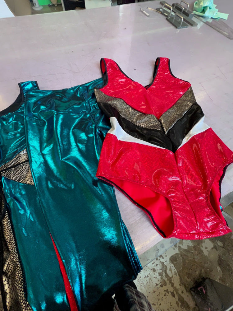 red metallic lycra panelled bodysuit