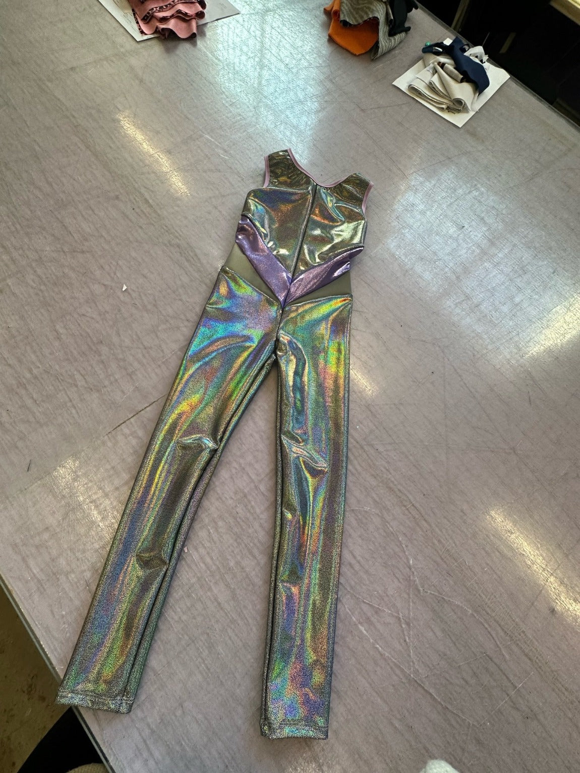 holographic silver lycra kids catsuit