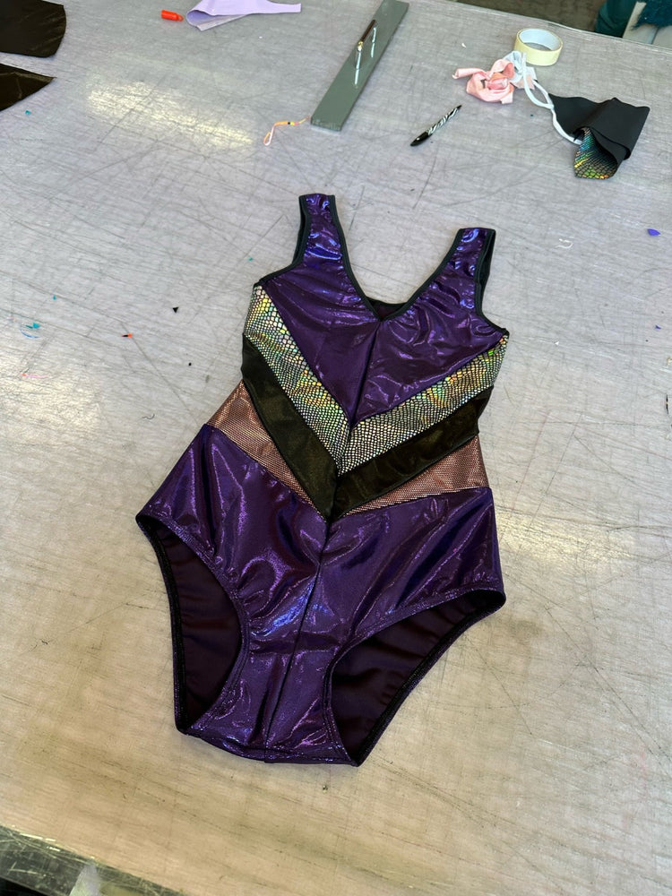 purple panelled lycra bodysuit