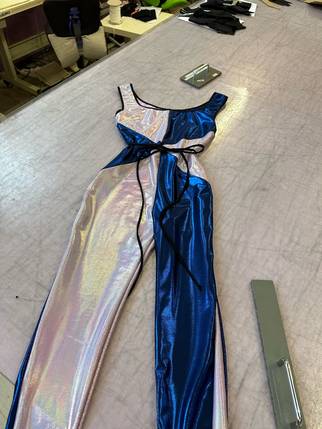 ink blue and iridescent panelled catsuit