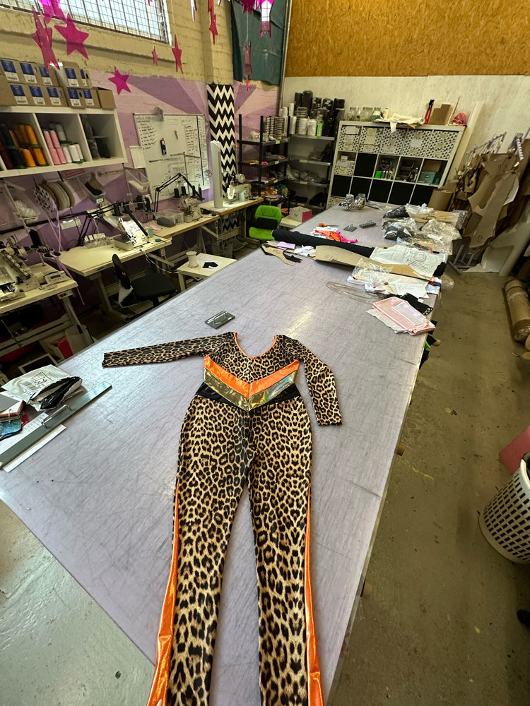 leopard print and orange lycra panelled catsuit