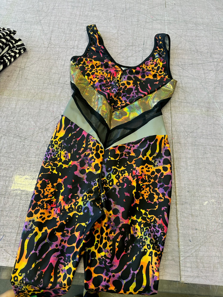 colourful animal print lycra panelled catsuit