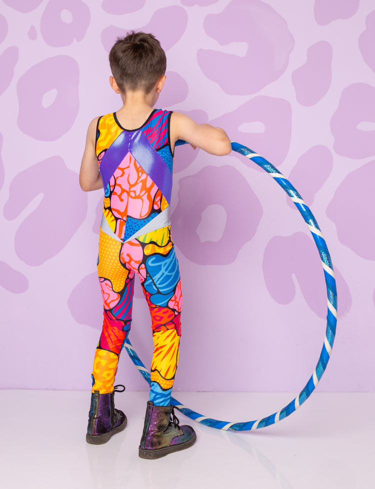 Back view of boy with hula hoop wearing a colourful catsuit