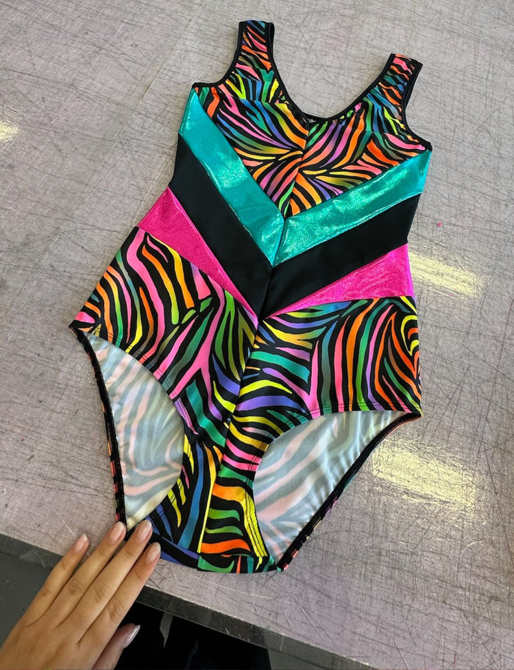 Multi coloured zebra print lycra bodysuit.