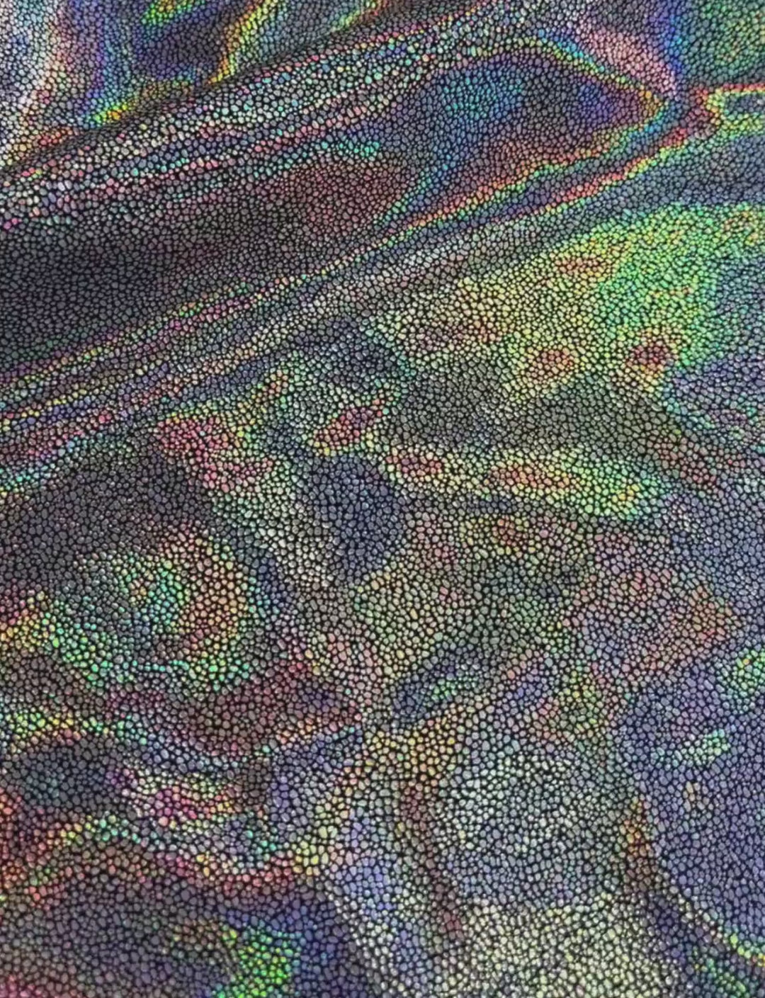 Silver holographic foiled spandex.