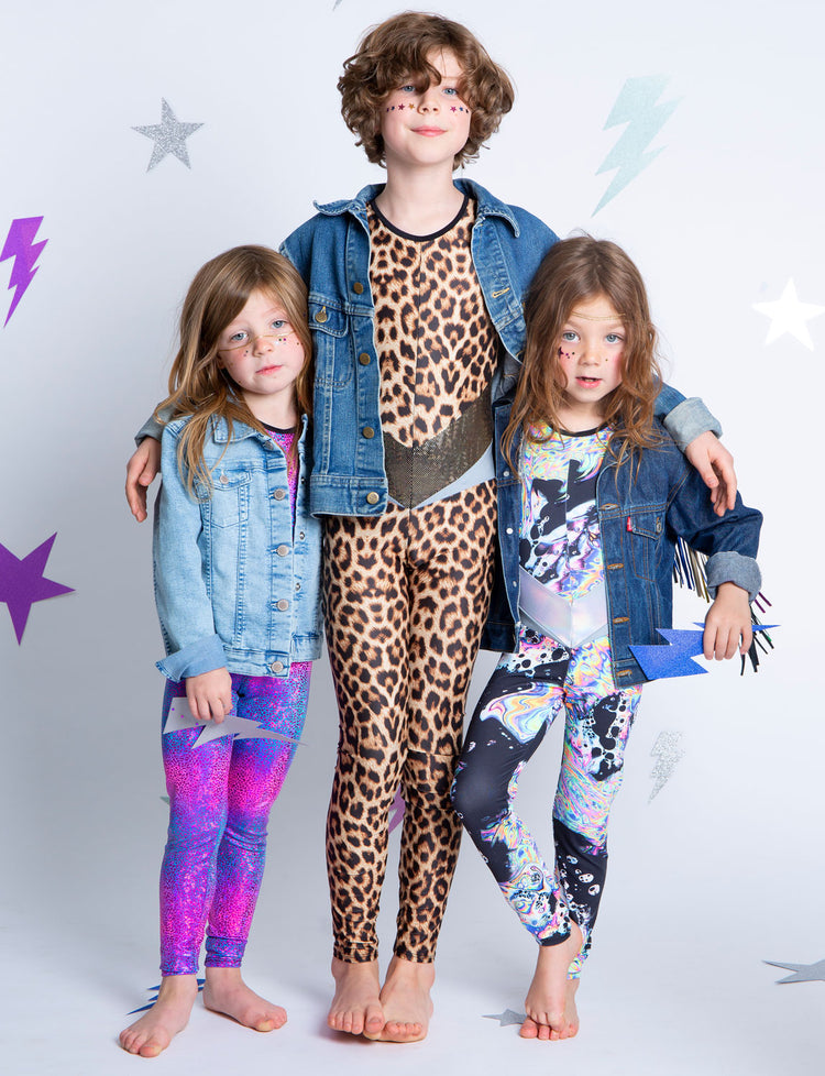 Kids party festival outfits for girls and boys. Leopard print catsuit all in one