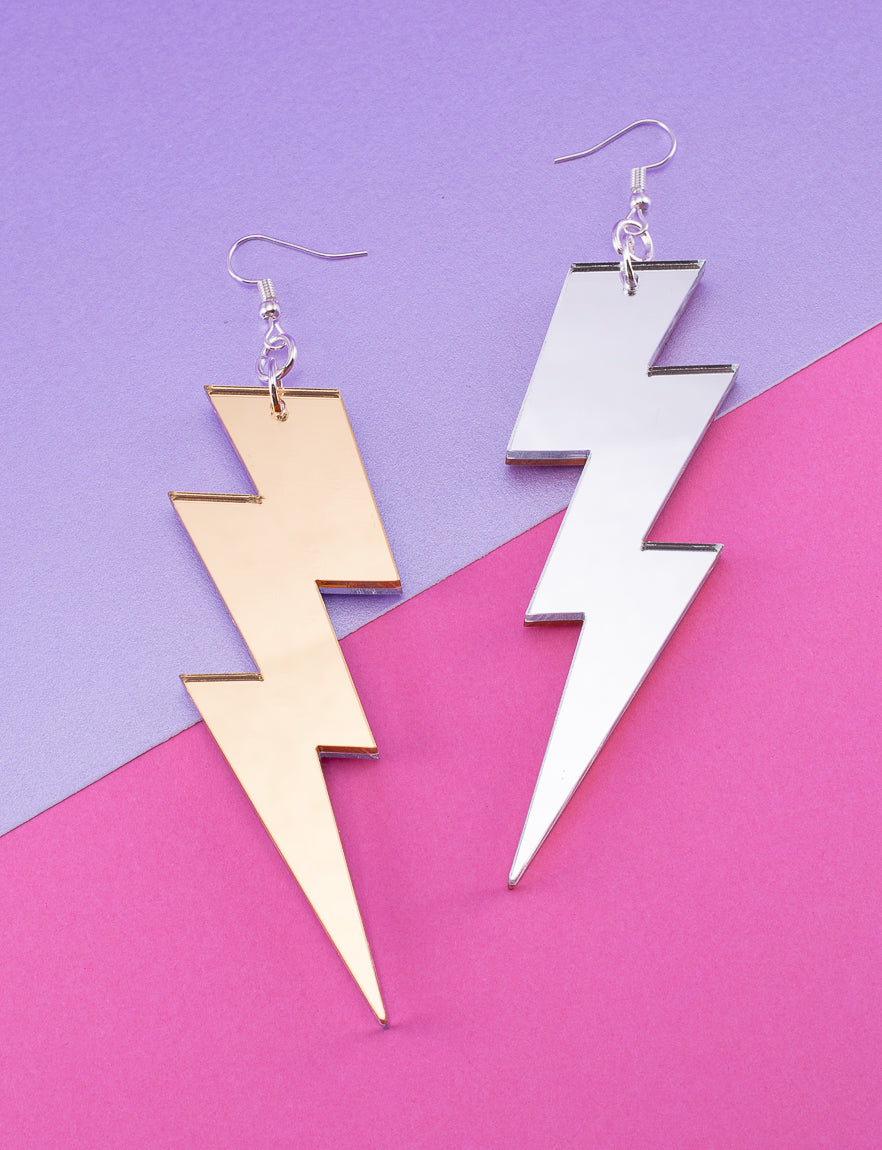 gold and silver mirrored perspex lightning bolt earrings for ladies and men