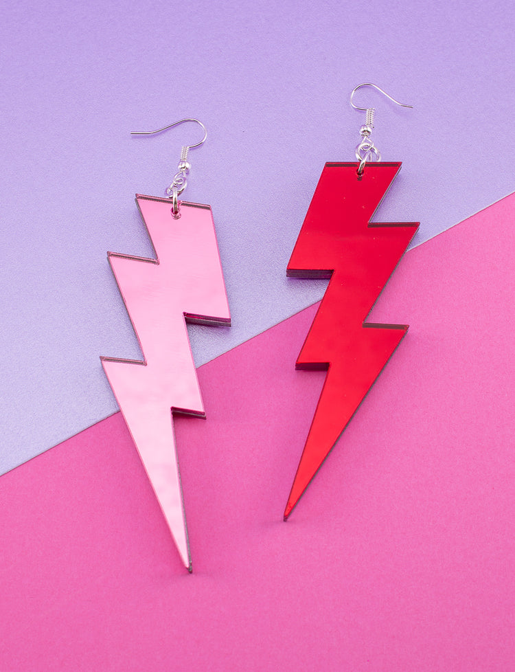 red and pink mirrored perspex lightning bolt earrings for ladies and men