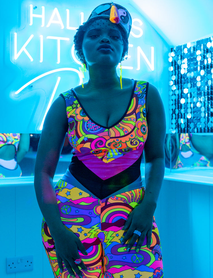 lady wearing uv patterned catsuit