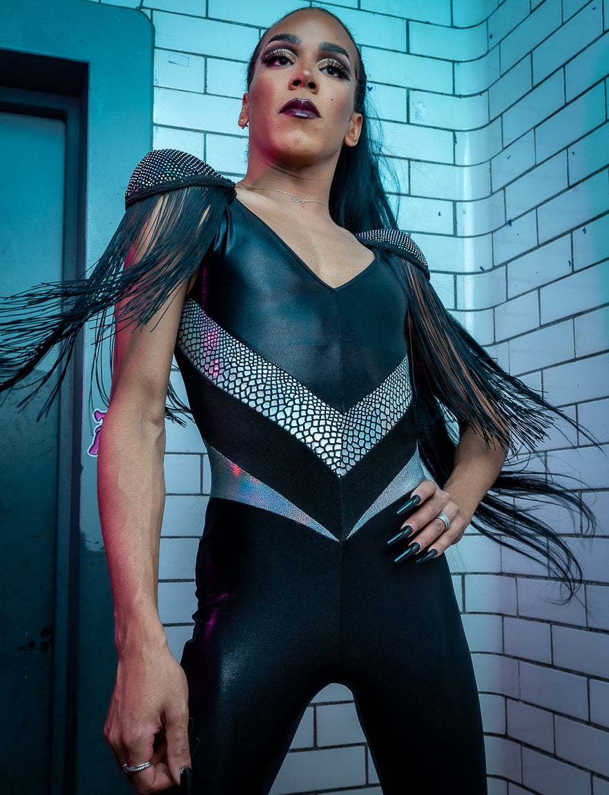 Black and silver holographic catsuit