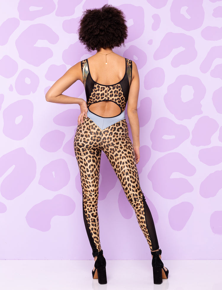 Lady wearing Leopard print panelled catsuit