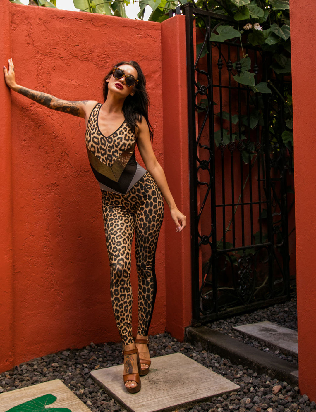 Lady wearing Leopard print panelled catsuit