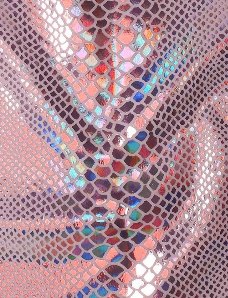 pink holographic snake print stretch fabric