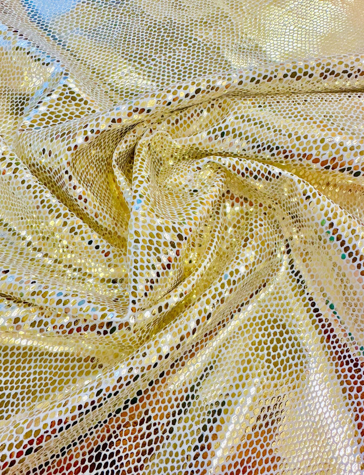 light gold lizard print foiled stretch fabric