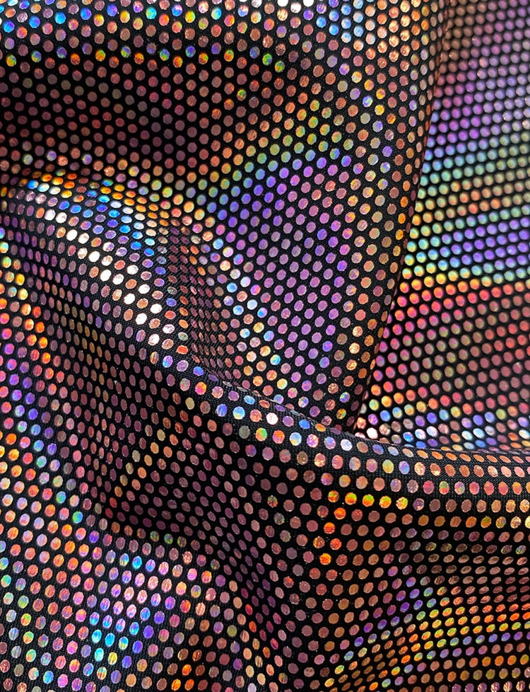 pink holographic spotted foil printed on black lycra 